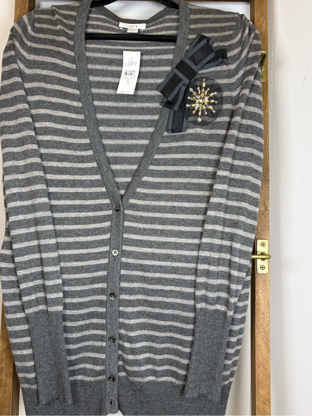 LOFT Gray Striped V-Neck Cardigan with Dark Gray Bow & Gold Brooch look sewn in.